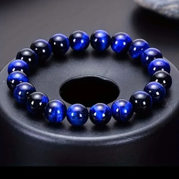 1pc Natural Blue Tiger Eye Stone Unisex Bracelet 6mm Round - Picture 2 of 3